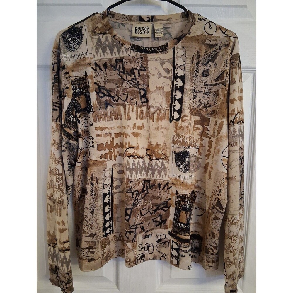 Chicos Top Size 2 Large Beige Tribal Art Snakeskin Long Sleeve Stretch